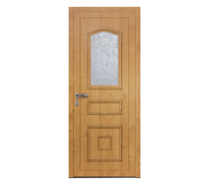Porte d'entrée traditionnelle couleur effet bois avec détails moulurés ainsi que partie vitrée | Menuiseries Bouvet