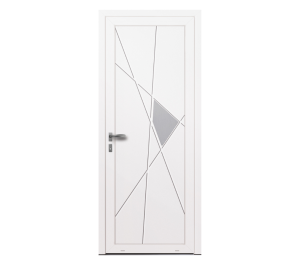 Porte d'entrée blanche avec décor asymétrique du haut jusqu'au bas de la porte | Menuiseries Bouvet