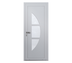 Porte d'entrée blanche avec décor en demi lune et formes géométriques | Menuiseries Bouvet