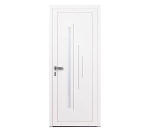 Porte d'entrée blanche avec plusieurs décors horizontaux dont 1 rectangle vitré | Menuiseries Bouvet