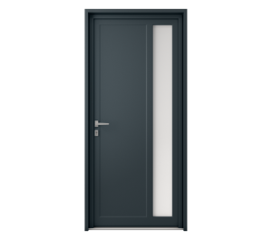 Porte d'entrée grise avec grand insert rectangulaire côté droit | Menuiseries Bouvet