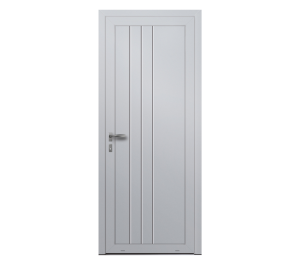 Porte d'entrée pleine blanche avec des décors traits horizontaux | Menuiseries Bouvet