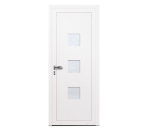 Porte d'entrée blanche avec trois inserts carrés placé au centre horizontalement | Menuiseries Bouvet