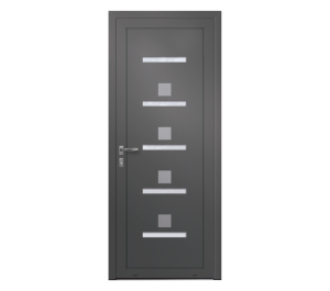 Porte d'entrée grise avec inserts en forme de rectangles et de carrés | Menuiseries Bouvet